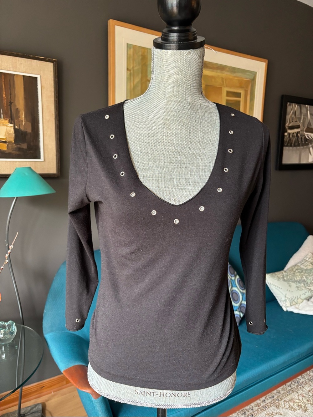 Black Long Sleeve V-Neck Top with Grommet Trim